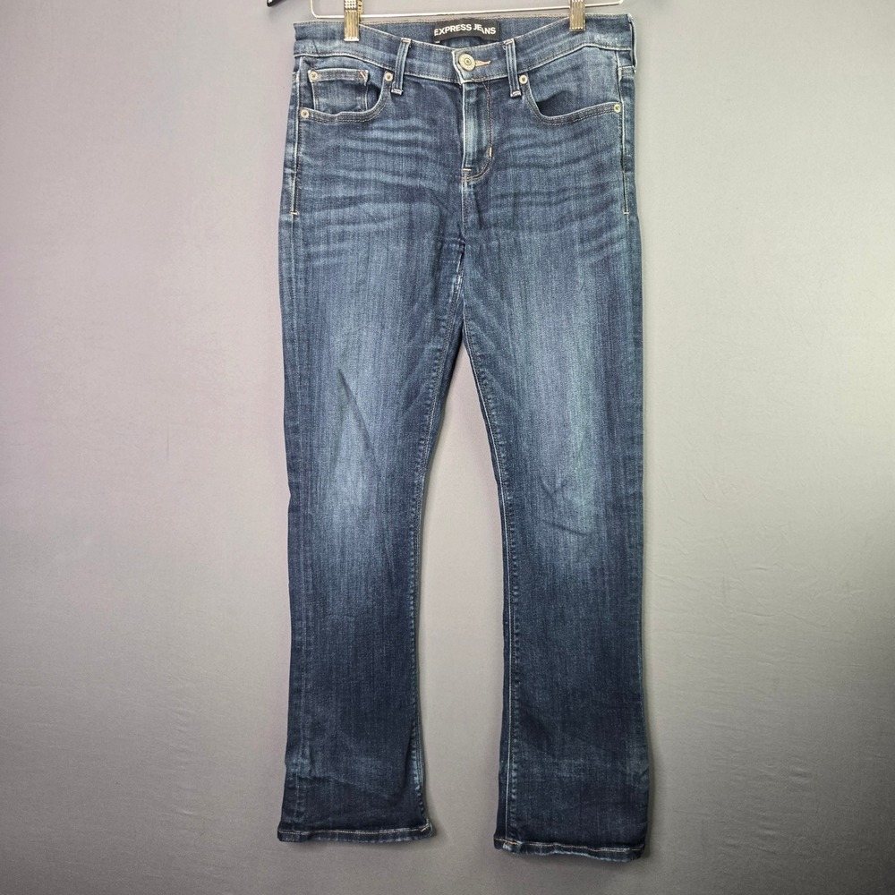 Express Jeans Barely Boot Mid Rise Jeans 26 Dark Wash Blue Denim Bootcut Stretch